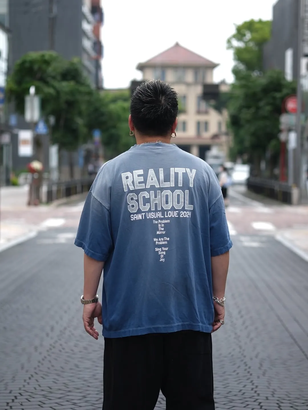 SAINT Mxxxxxx REALITY SCHOOL SS_TEE/NVY slogan distressed short-sleeves, washed blue S-XL, garment dyeing, horse fade, ultra-complex shearing and destruction treatment, correct version, cylindrical fabric, customized original consistent main mark/wash mark, original consistent silver powder printing, distressed treatment